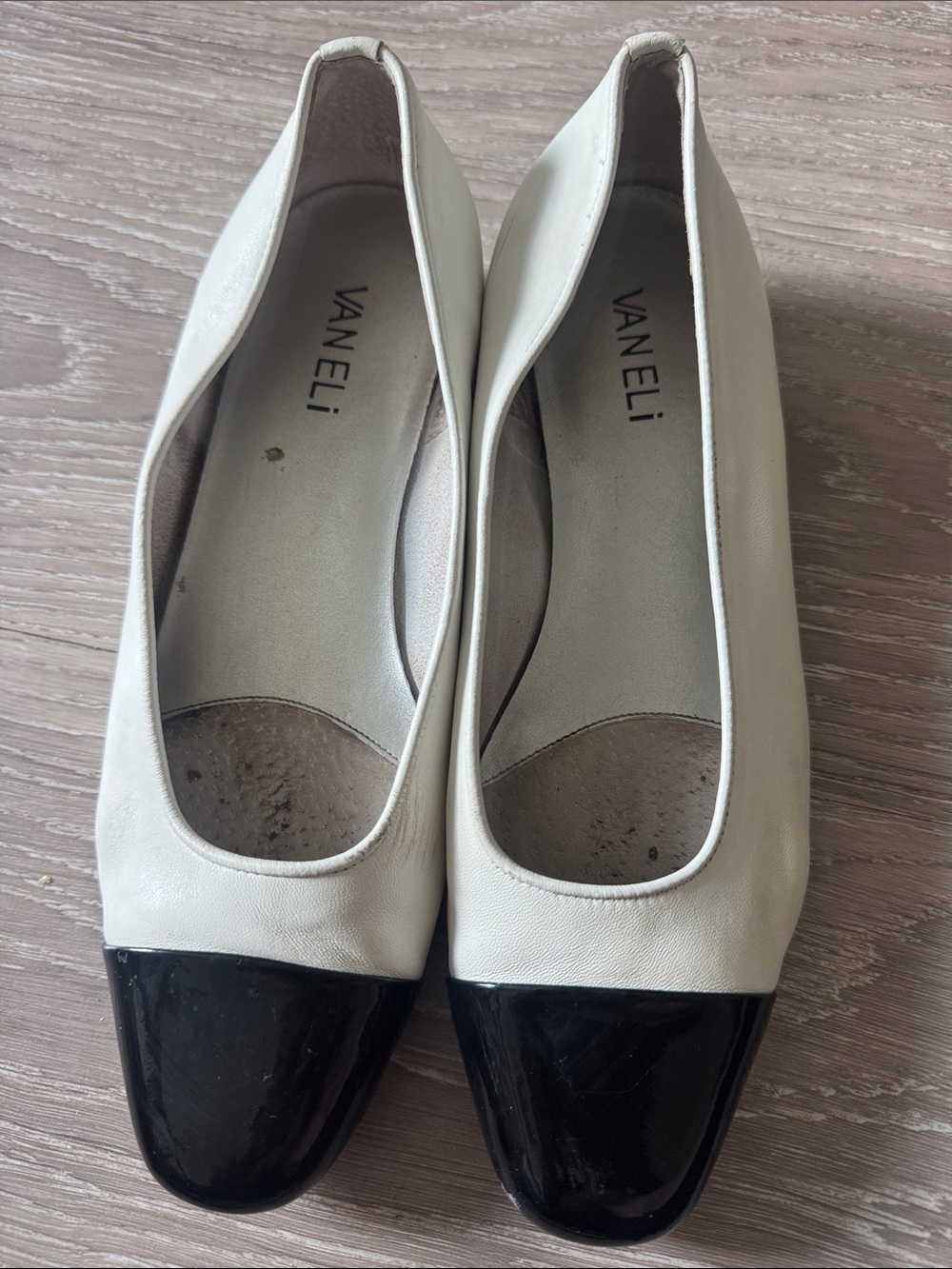 Vaneli Cream Leather Flats with Black Patent Cap Toe